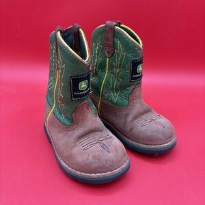 John Deere JD1186 Infant 6M Brown Green Leather Cowboy Boots Western Kids